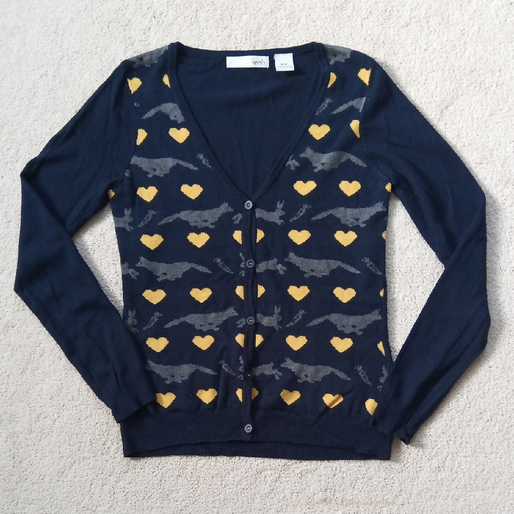 ❣️PtP17' Kersh Navy and Yellow Heart V-neck Button Cardigan with 🦊🐰🥕 Pattern
